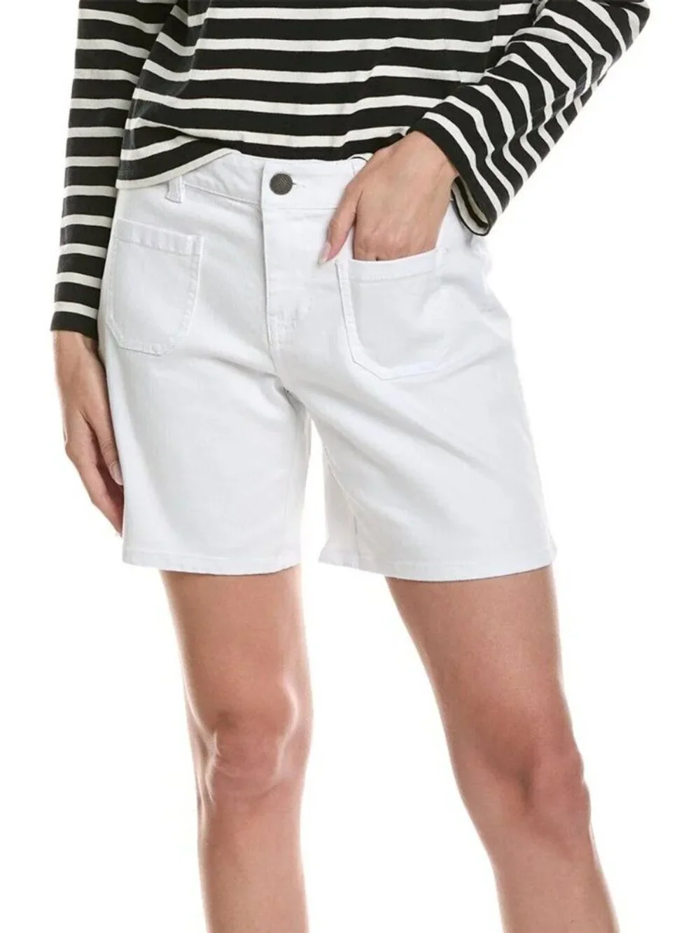 Cabi Patch pocket denim shorts white stretch cotton longer inseam women new 2